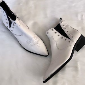 Marc Fisher studded white leather pointed toe block heel booties